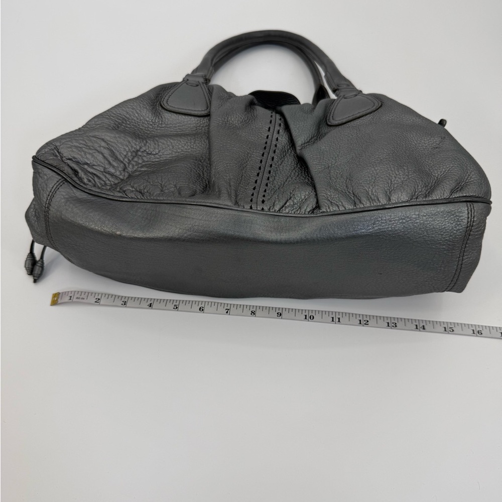 Cole Haan Silver Pebbled Leather Satchel Shoulder Bag Double Handle Zip Top - Picture 6 of 16